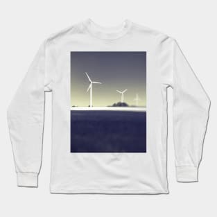 Black and white photo with scenic view of three power windmill turbines on clear sky and rye crop with half sun shadow Long Sleeve T-Shirt